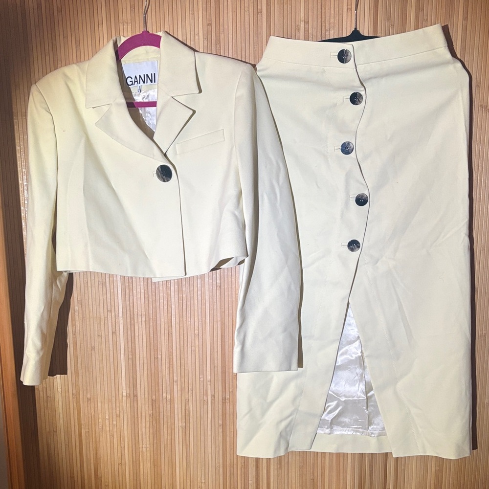 Ganni Butter Yellow Crop suit and Button-Front Skirt set